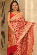 Red Banarasi Bandhani Pure Georgette Flower Design Bandhej Saree - Luxurion World
