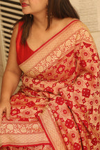 Red Banarasi Bandhani Pure Georgette Flower Design Bandhej Saree - Luxurion World