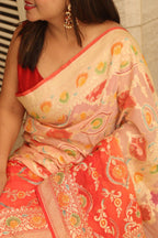 Peach And Orange Banarasi Pure Georgette Flower Design Brush Dye Saree - Luxurion World