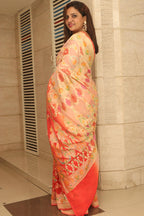 Peach And Orange Banarasi Pure Georgette Flower Design Brush Dye Saree - Luxurion World