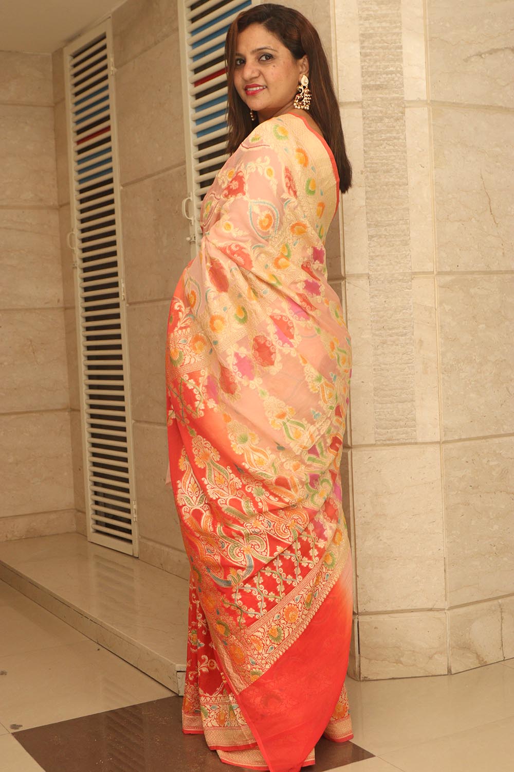 Peach And Orange Banarasi Pure Georgette Flower Design Brush Dye Saree - Luxurion World