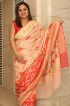 Peach And Orange Banarasi Pure Georgette Flower Design Brush Dye Saree - Luxurion World