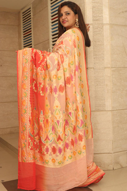 Peach And Orange Banarasi Pure Georgette Flower Design Brush Dye Saree - Luxurion World