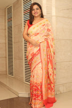 Peach And Orange Banarasi Pure Georgette Flower Design Brush Dye Saree - Luxurion World