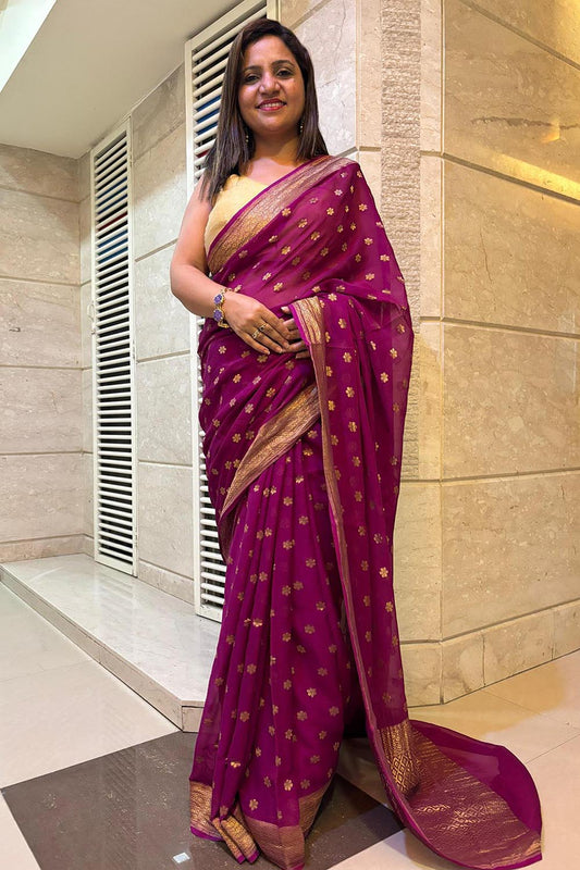Stunning Purple Banarasi Handloom Pure Georgette Flower Design Saree - Luxurion World