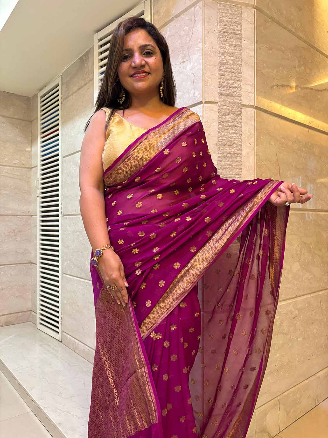 Stunning Purple Banarasi Handloom Pure Georgette Flower Design Saree - Luxurion World