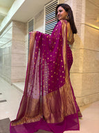 Stunning Purple Banarasi Handloom Pure Georgette Flower Design Saree - Luxurion World