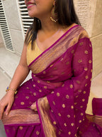 Stunning Purple Banarasi Handloom Pure Georgette Flower Design Saree - Luxurion World