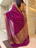 Stunning Purple Banarasi Handloom Pure Georgette Flower Design Saree - Luxurion World