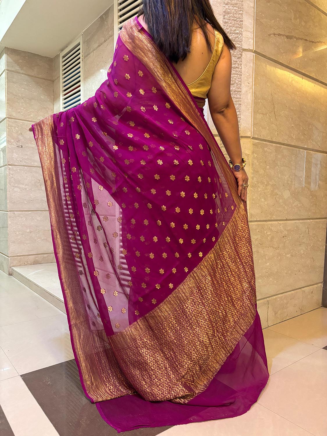 Stunning Purple Banarasi Handloom Pure Georgette Flower Design Saree - Luxurion World
