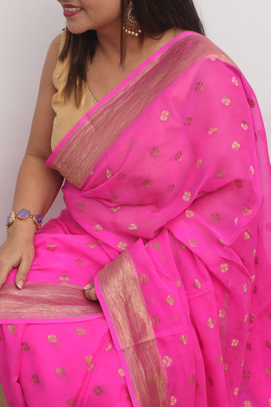 Beautiful Pink Banarasi Handloom Pure Georgette Flower Design Saree - Luxurion World