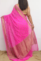 Beautiful Pink Banarasi Handloom Pure Georgette Flower Design Saree - Luxurion World