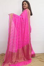 Beautiful Pink Banarasi Handloom Pure Georgette Flower Design Saree - Luxurion World