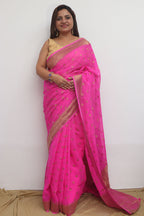 Beautiful Pink Banarasi Handloom Pure Georgette Flower Design Saree - Luxurion World