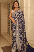 Blue Banarasi Handloom Pure Georgette Resham Zari Zig Zag Saree - Luxurion World