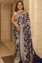 Blue Banarasi Handloom Pure Georgette Resham Zari Zig Zag Saree - Luxurion World