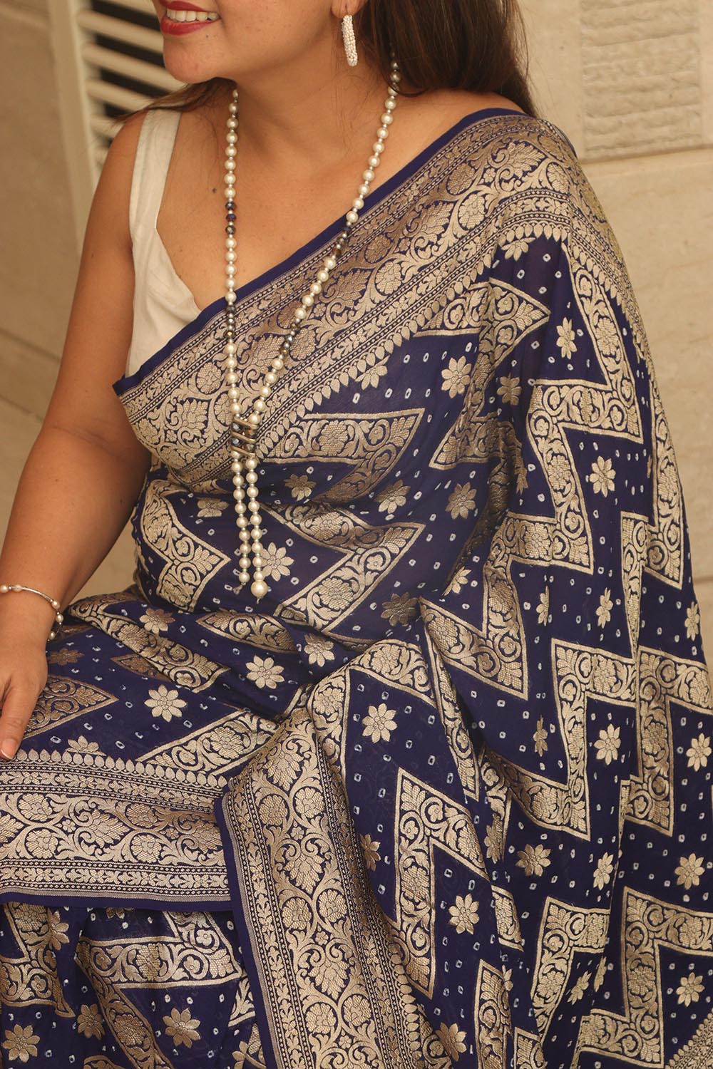 Blue Banarasi Handloom Pure Georgette Resham Zari Zig Zag Saree - Luxurion World