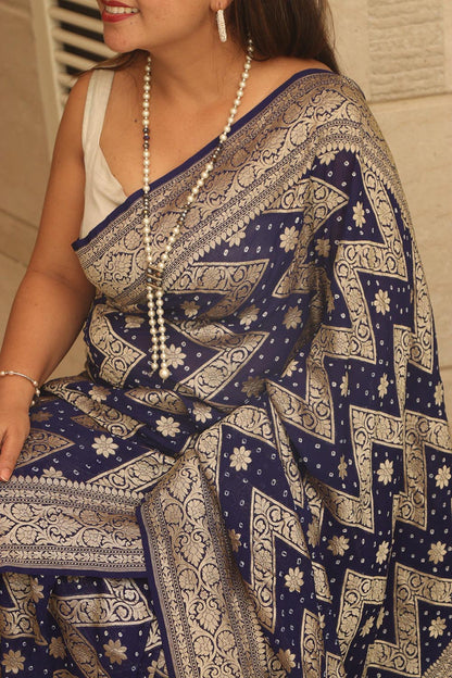 Blue Banarasi Handloom Pure Georgette Resham Zari Zig Zag Saree - Luxurion World