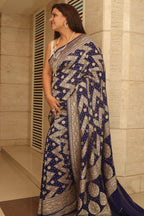 Blue Banarasi Handloom Pure Georgette Resham Zari Zig Zag Saree - Luxurion World