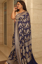 Blue Banarasi Handloom Pure Georgette Resham Zari Zig Zag Saree - Luxurion World
