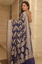 Blue Banarasi Handloom Pure Georgette Resham Zari Zig Zag Saree - Luxurion World