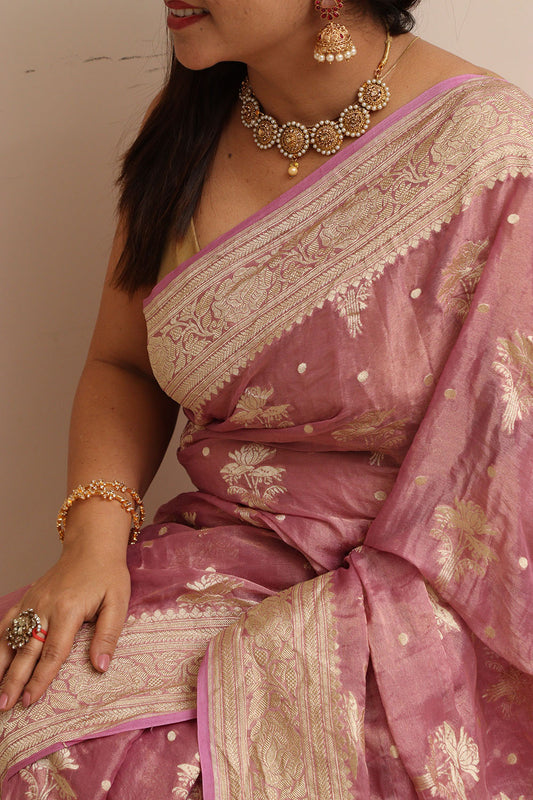 Pink Handloom Banarasi Pure Tissue Georgette Flower Design Saree - Luxurion World