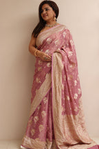 Pink Handloom Banarasi Pure Tissue Georgette Flower Design Saree - Luxurion World
