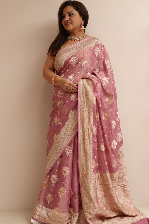 Pink Handloom Banarasi Pure Tissue Georgette Flower Design Saree - Luxurion World