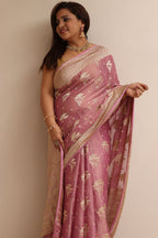 Pink Handloom Banarasi Pure Tissue Georgette Flower Design Saree - Luxurion World