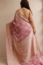 Pink Handloom Banarasi Pure Tissue Georgette Flower Design Saree - Luxurion World