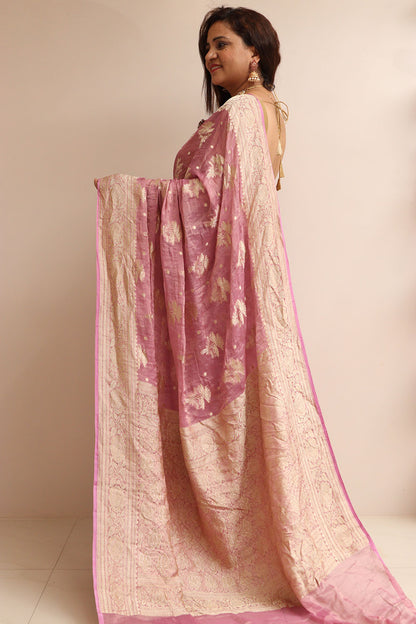 Pink Handloom Banarasi Pure Tissue Georgette Flower Design Saree - Luxurion World