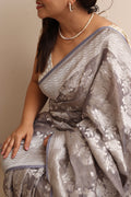 Elegant Grey Handloom Banarasi Pure Tissue Georgette Flower Design Saree - Luxurion World