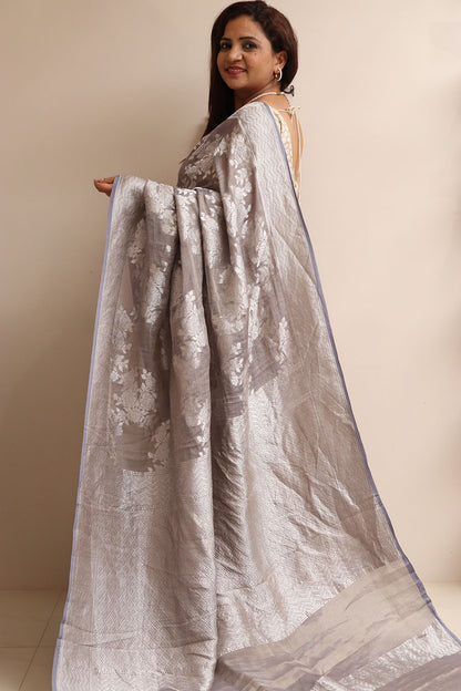Elegant Grey Handloom Banarasi Pure Tissue Georgette Flower Design Saree - Luxurion World