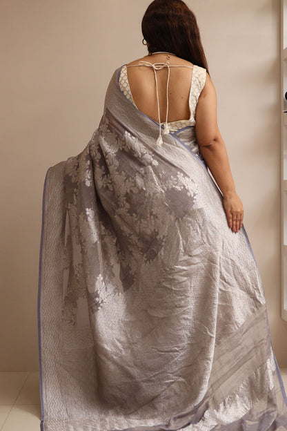 Elegant Grey Handloom Banarasi Pure Tissue Georgette Flower Design Saree - Luxurion World