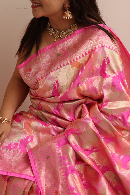 Exquisite Pink Banarasi Handloom Pure Katan Silk Rangkat Saree - Luxurion World
