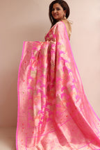 Exquisite Pink Banarasi Handloom Pure Katan Silk Rangkat Saree - Luxurion World