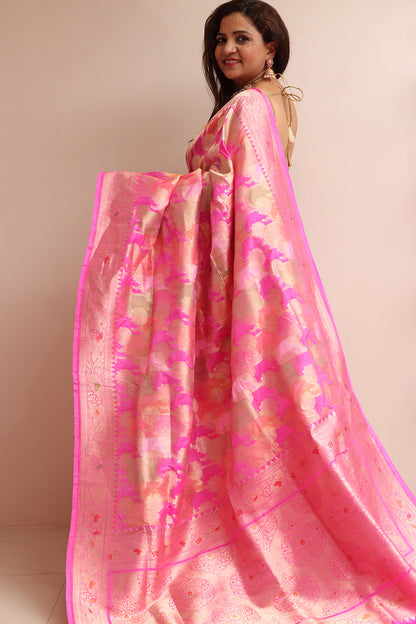Exquisite Pink Banarasi Handloom Pure Katan Silk Rangkat Saree - Luxurion World