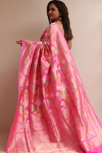 Exquisite Pink Banarasi Handloom Pure Katan Silk Rangkat Saree - Luxurion World