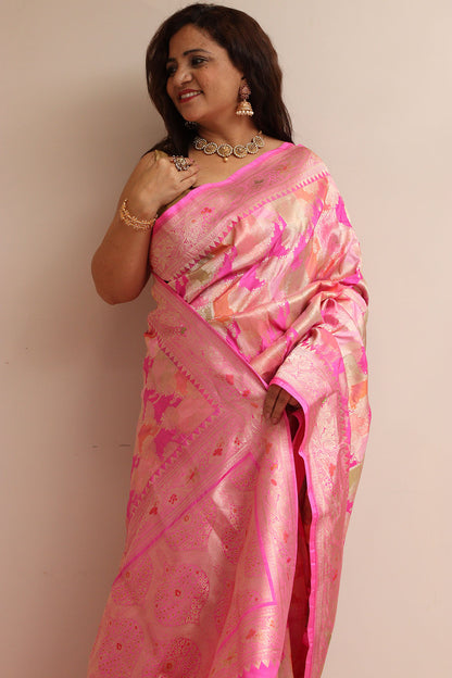 Exquisite Pink Banarasi Handloom Pure Katan Silk Rangkat Saree - Luxurion World