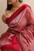 Red Handloom Banarasi Pure Tissue Kora Stripe Design Saree With Satin Border - Luxurion World