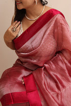 Red Handloom Banarasi Pure Tissue Kora Stripe Design Saree With Satin Border - Luxurion World