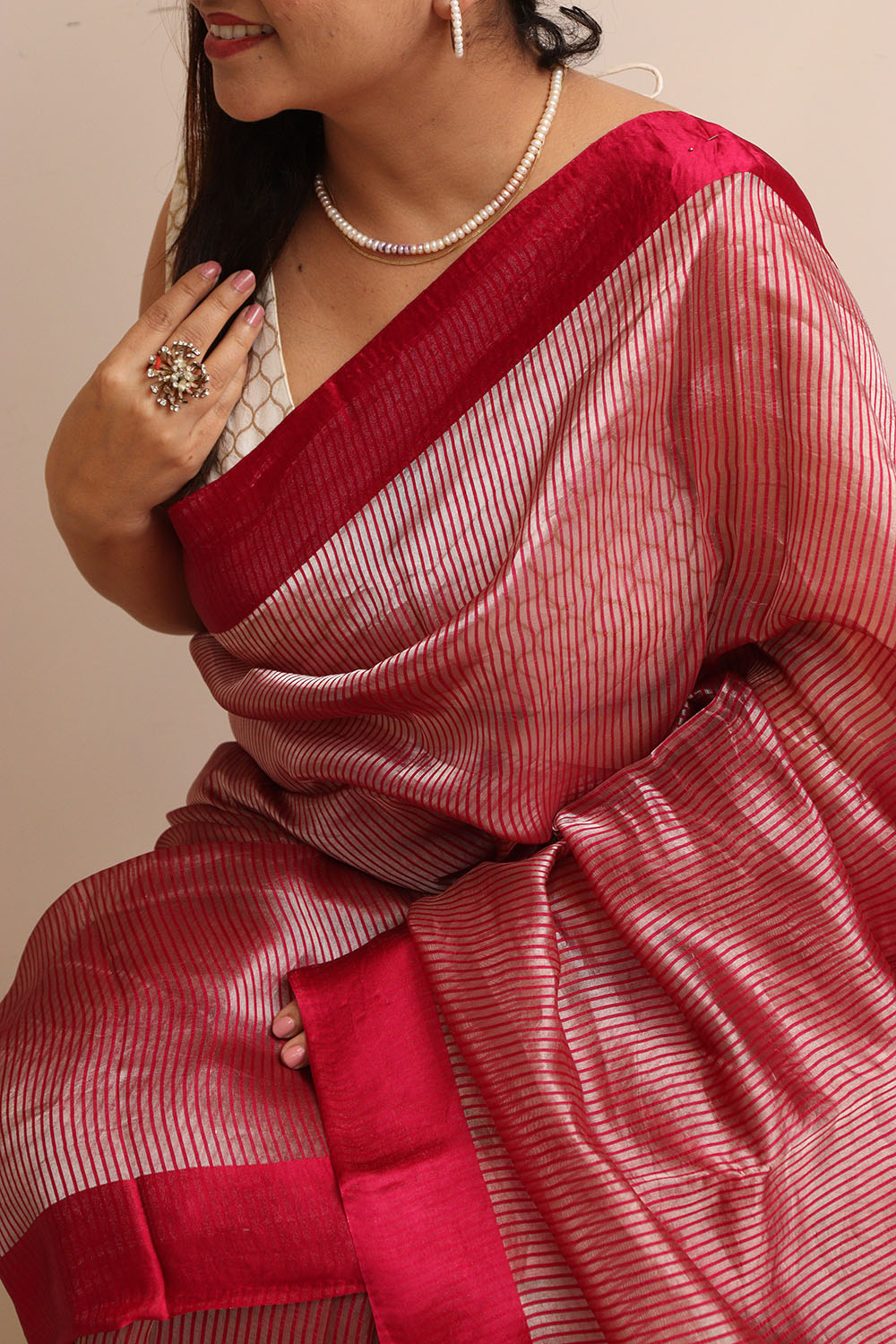 Red Handloom Banarasi Pure Tissue Kora Stripe Design Saree With Satin Border - Luxurion World