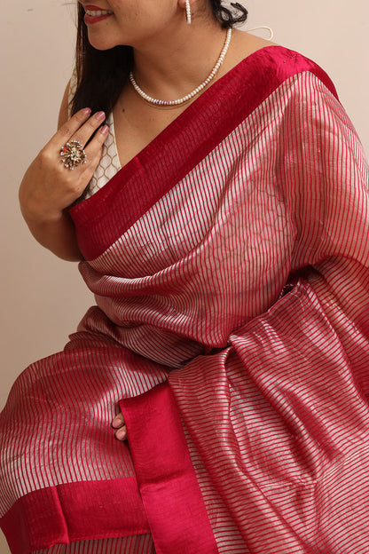 Red Handloom Banarasi Pure Tissue Kora Stripe Design Saree With Satin Border - Luxurion World