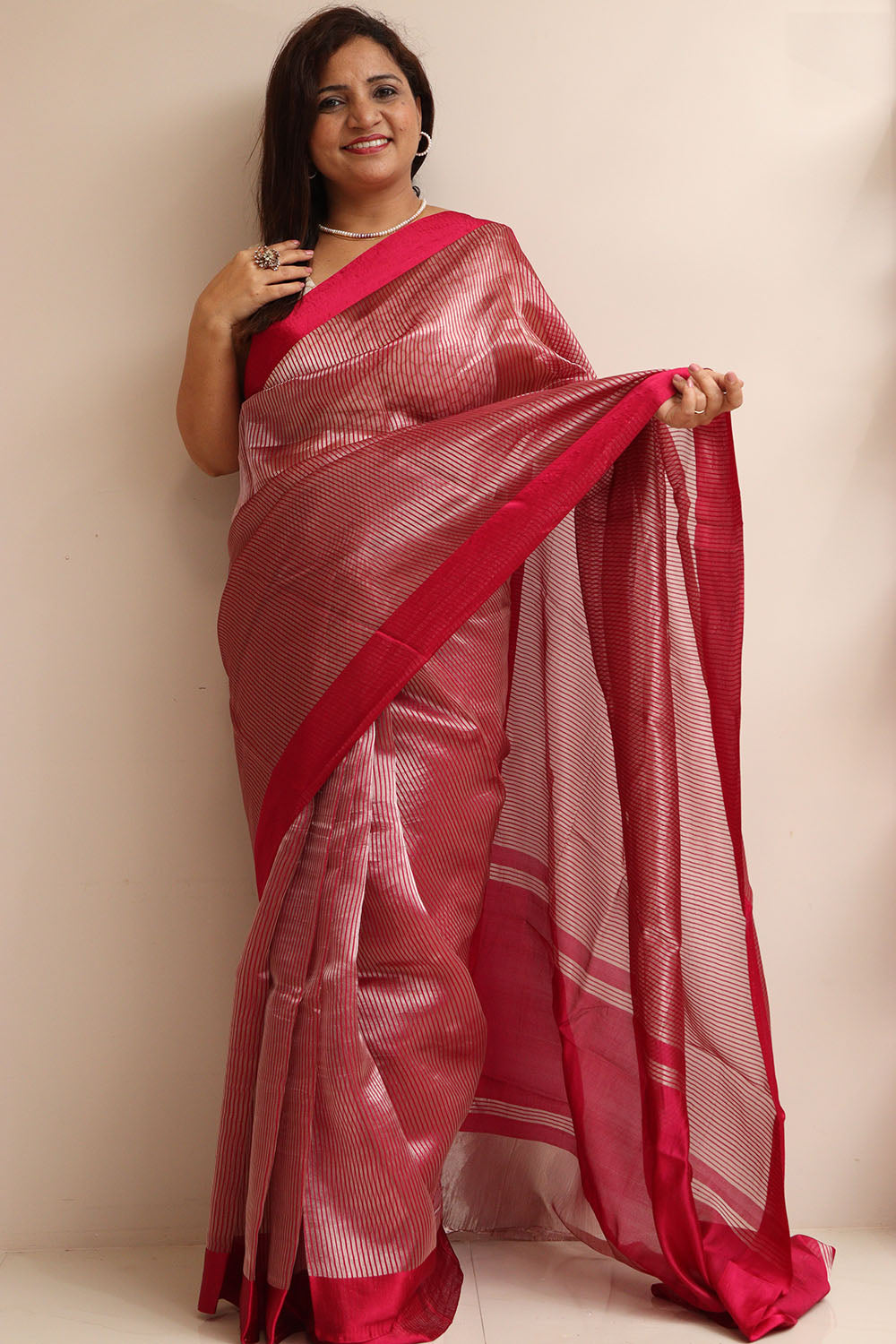 Red Handloom Banarasi Pure Tissue Kora Stripe Design Saree With Satin Border - Luxurion World