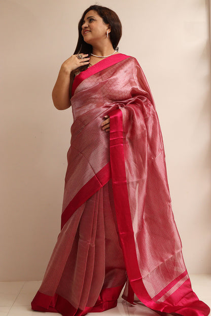 Red Handloom Banarasi Pure Tissue Kora Stripe Design Saree With Satin Border - Luxurion World