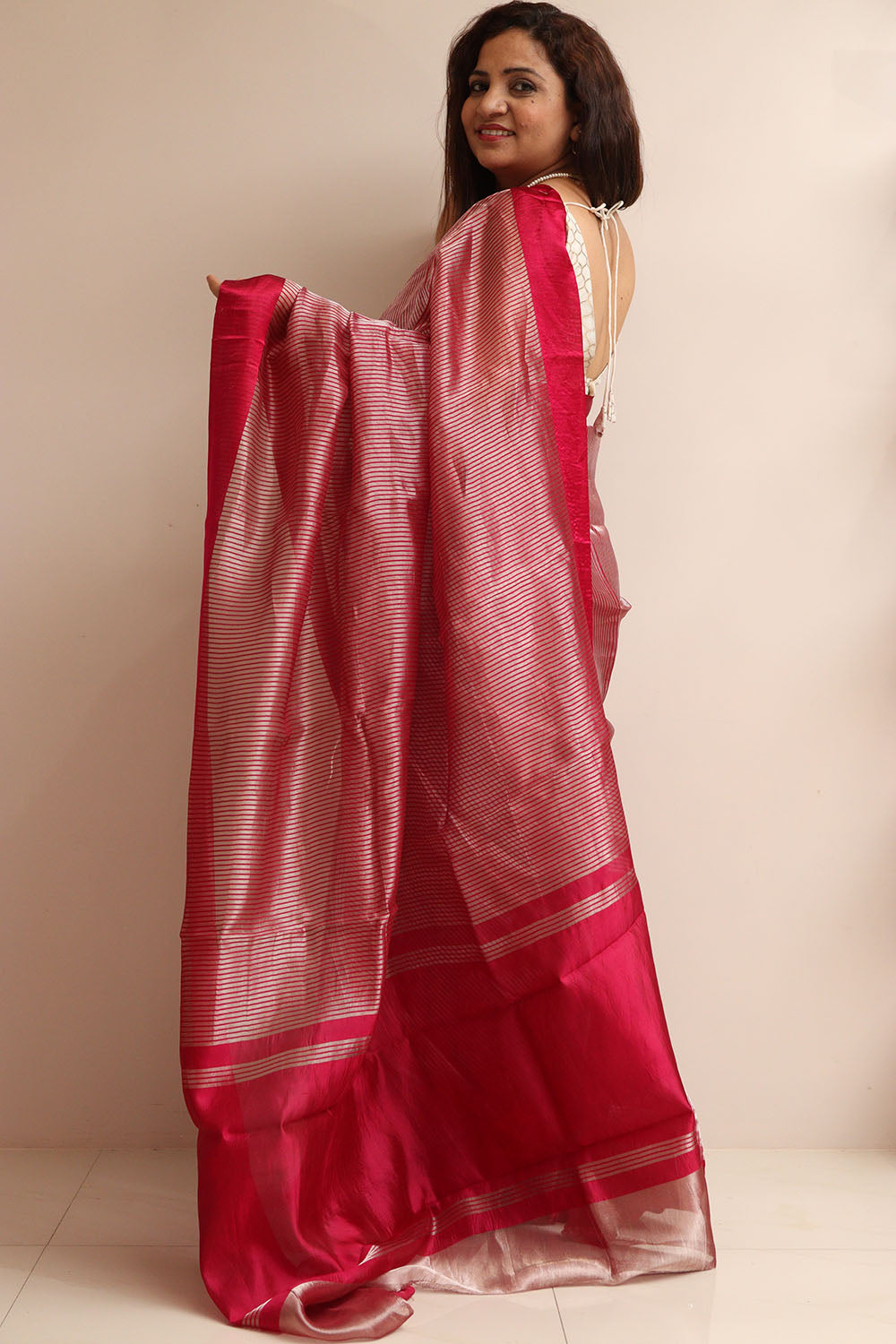 Red Handloom Banarasi Pure Tissue Kora Stripe Design Saree With Satin Border - Luxurion World