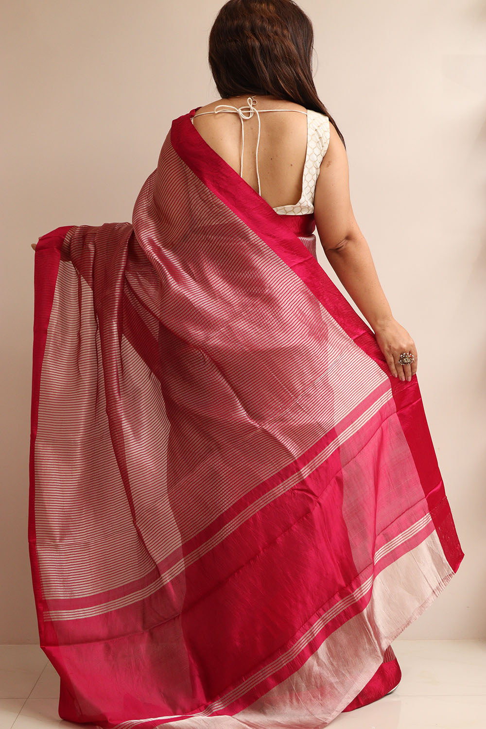Red Handloom Banarasi Pure Tissue Kora Stripe Design Saree With Satin Border - Luxurion World