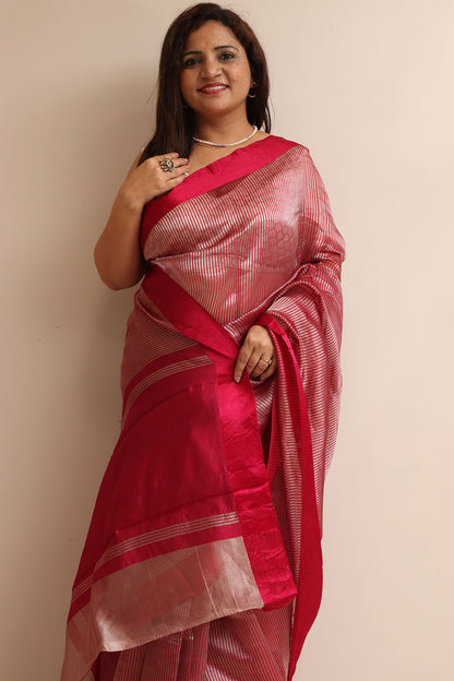 Red Handloom Banarasi Pure Tissue Kora Stripe Design Saree With Satin Border - Luxurion World