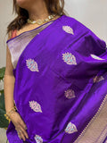 Purple Handloom Banarasi Pure Katan Silk Flower Design Meenakari Kadwa Saree - Luxurion World