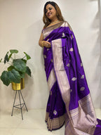 Purple Handloom Banarasi Pure Katan Silk Flower Design Meenakari Kadwa Saree - Luxurion World